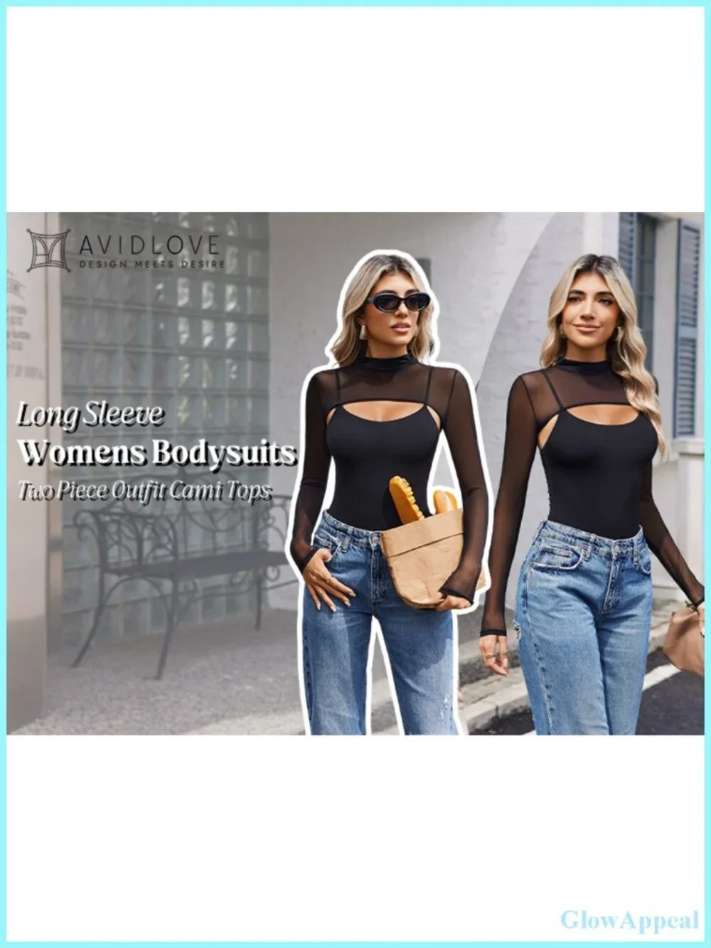Long Sleeve Mesh Bodysuit Mock Neck Two-Piece Thong Shapewear